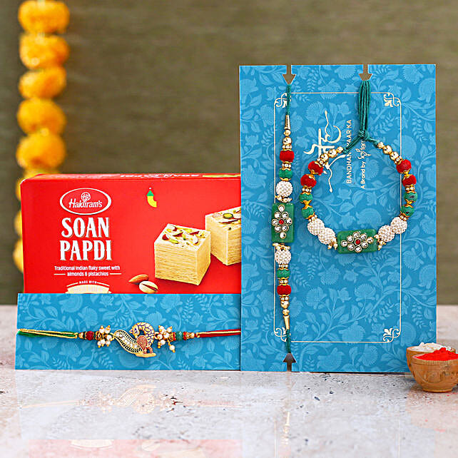 Green Pearl And Peacock Lumba Rakhi Set With Soan Papdi Germany Gift