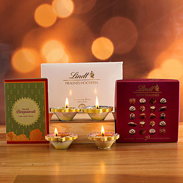 Set Of 4 Traditional Diyas And Lindt Chocolates Italy Gift Set Of 4