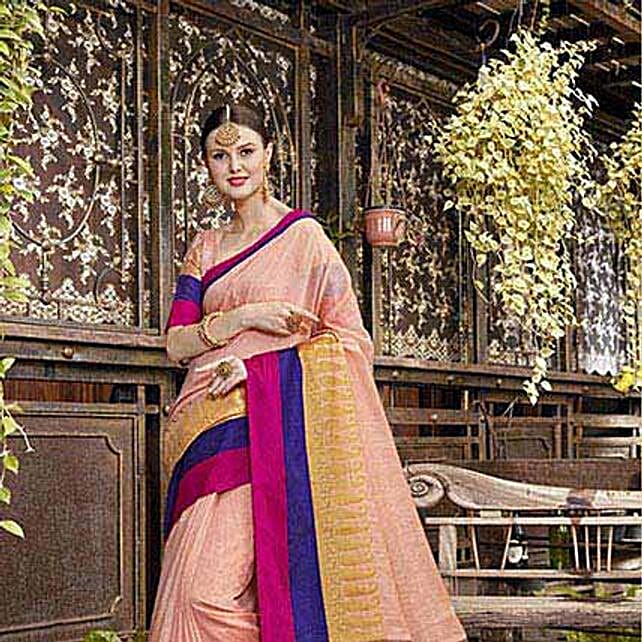 Buy Send Peach Banarasi Silk Saree Online FNP