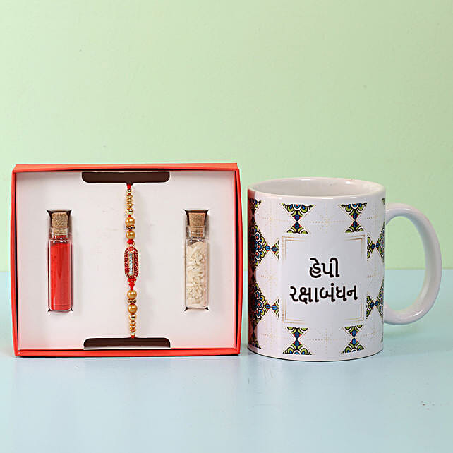 Buy Send Designer Rakhi Happy Raksha Bandhan Mug Gujarati Online FNP