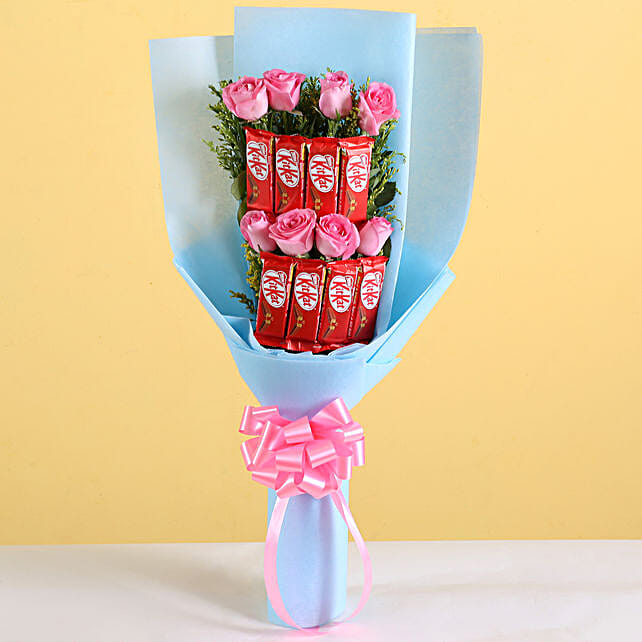 Buy Send Pink Roses Bouquet Kitkat Combo Online Fnp