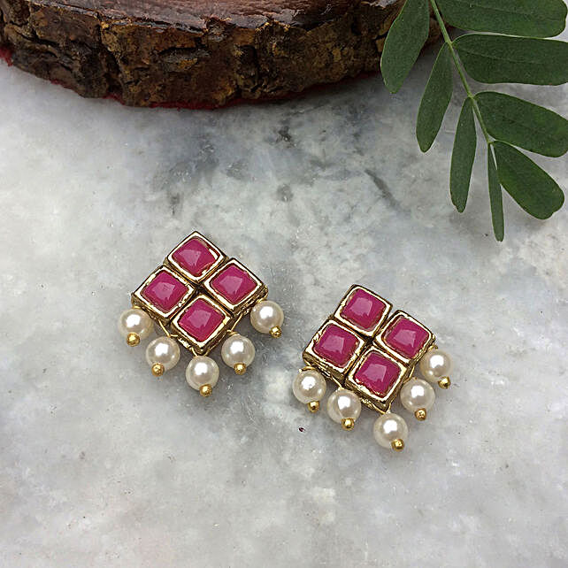 Buy Send Dark Pink Resin Stone Pearl Stud Earrings Online FNP