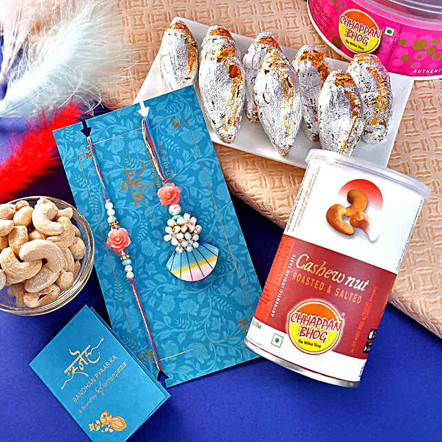 Buy Send Fancy Lumba Rakhi Set With Kaju Boat Roasted Cashews Online Fnp