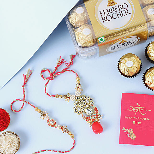 Buy Send Sneh Bhaiya Bhabhi Ethnic Rakhi Ferrero Rocher Chocolates