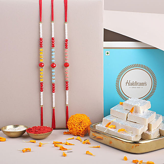 Buy Send Sneh Beads Rakhi With Kaju Katli Box Online Fnp