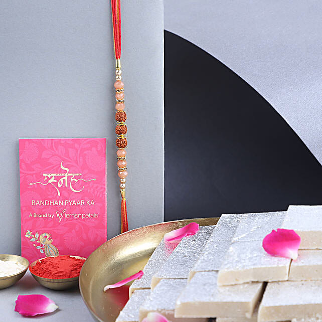 Buy Send Sneh Mauli Rudraksh Rakhi Set With Kaju Katli 400 Gm Online FNP