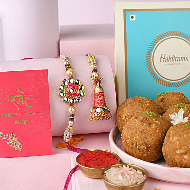 Buy Send Sneh Meenakari Bhaiya Bhabhi Rakhi With Besan Ladoo Online Fnp