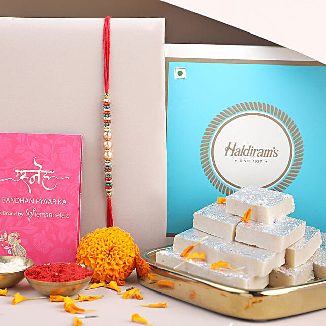 Buy Send Sneh Pearl Rakhi With Kaju Katli Online Fnp