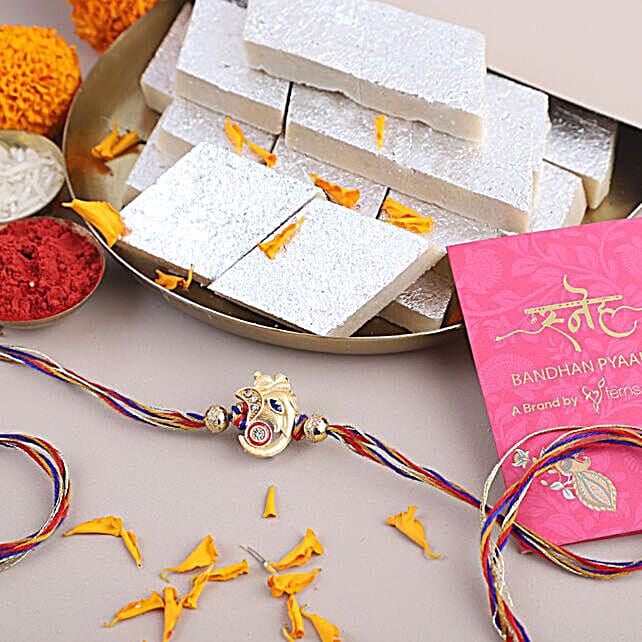 Buy Send Sneh Ganesha Motif Rakhi And Kaju Katli Online Fnp