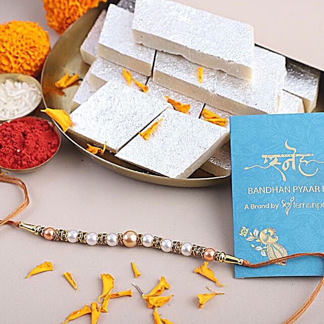 Buy Send Sneh Lustrous Pearl Rakhi And Kaju Katli Online FNP