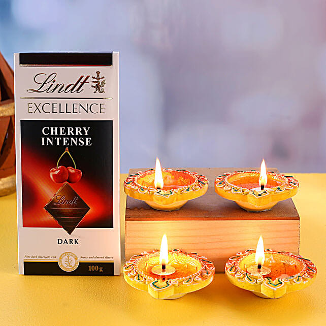 Set Of 4 Traditional Diyas And Lindt Cherry Intense Dark Netherlands