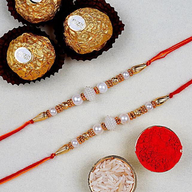 Divine Golden Pearl Thread Rakhi With 3 Pcs Ferrero Rocher Singapore