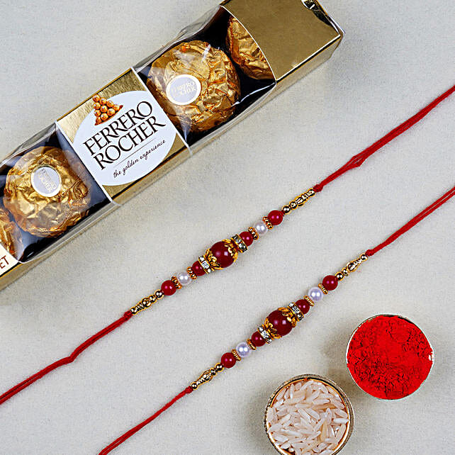 Red Pearl Thread Rakhi With 5 Pcs Ferrero Rocher Singapore Gift Red