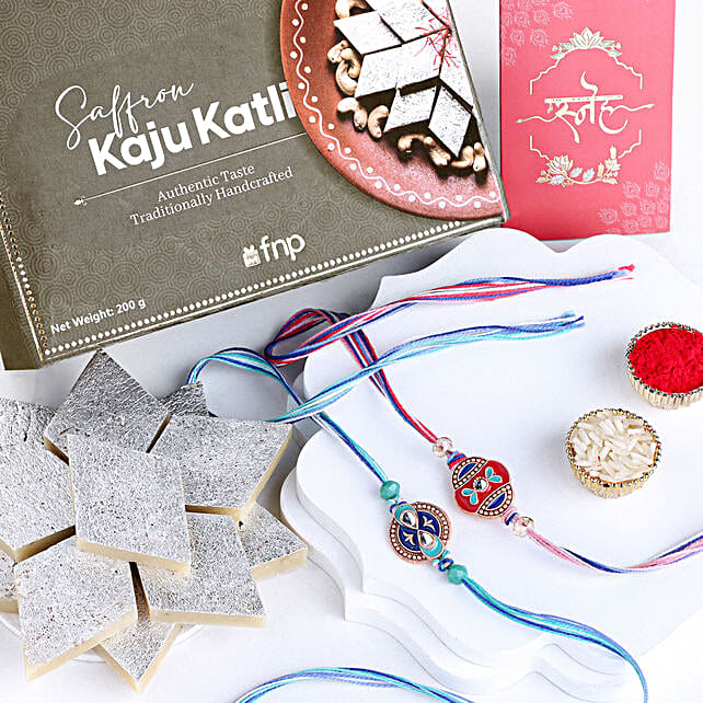 Cultural Charm Ethnic Rakhi Set Of Kesar Kaju Katli Goodness