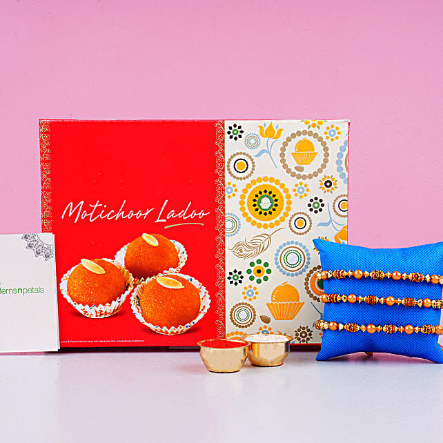 Three Pearl Rakhi And Motichoor Laddoo Uae Gift Three Pearl Rakhi And