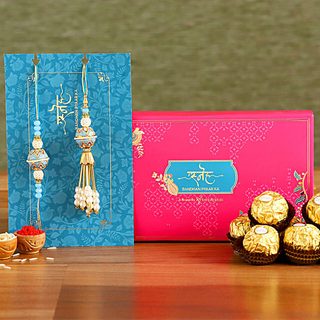 Blue Orb Pearl And Lumba Rakhi Set With 3 Pcs Ferrero Rocher Uae Gift