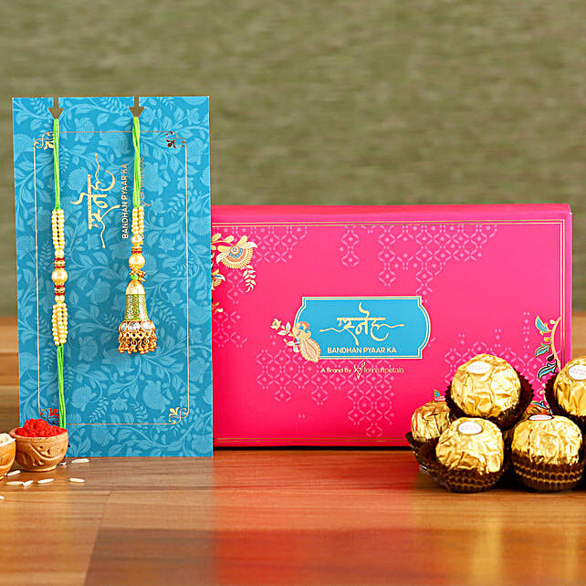 Ethnic Green Pearl And Lumba Rakhi Set With 3 Pcs Ferrero Rocher Uae