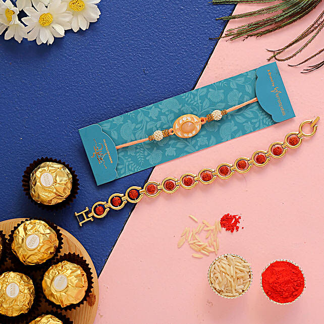 Rudraksha Peach Rakhis With 3 Pcs Ferrero Rocher Uae Gift Rudraksha