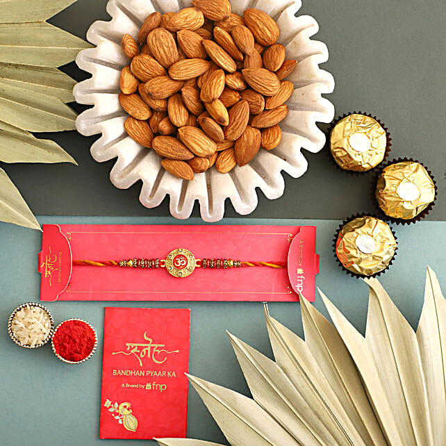 Sneh Traditional Om Rakhi With 3 Ferrero Rocher And Almonds Uae Gift