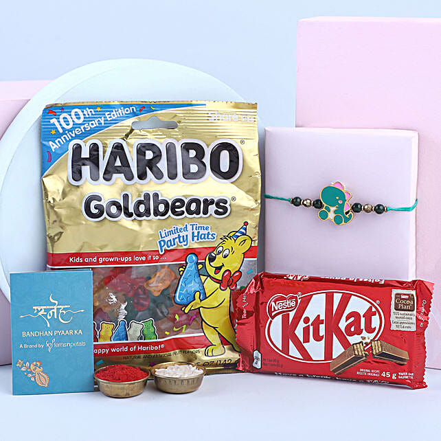 Sneh Adorable Dino Rakhi With Kitkat Bear Gummies Uae Gift Sneh