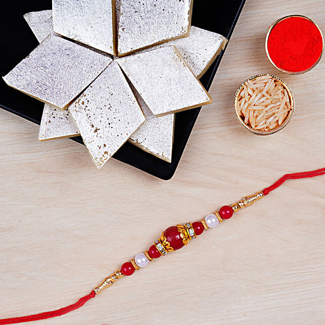 Elegant Pearl Thread Rakhi And Kaju Katli Uk Gift Elegant Pearl