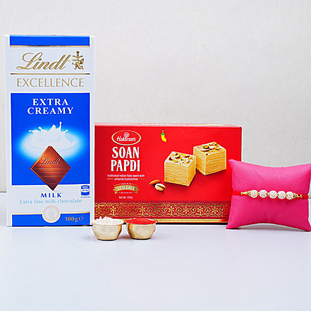 Fancy Golden Pearl Rakhi With Sweet And Lindt Chocolate Uk Gift Fancy