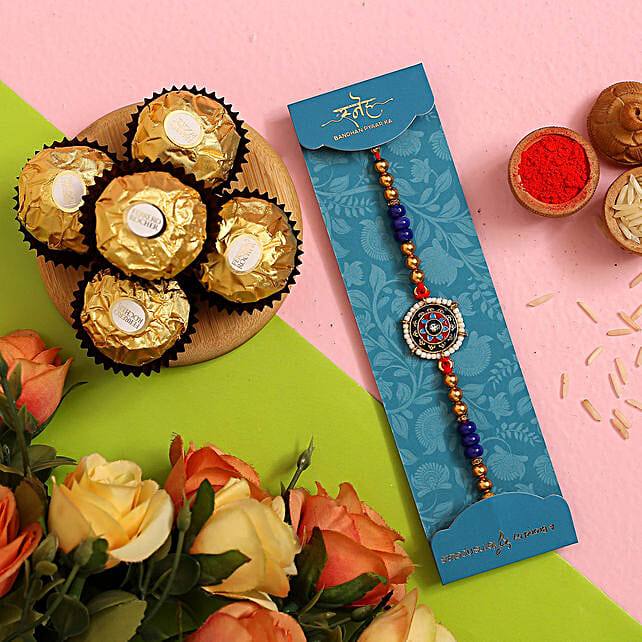 Meenakari Pearl Designer Rakhi With 3 Ferrero Rocher Exp Uk Gift