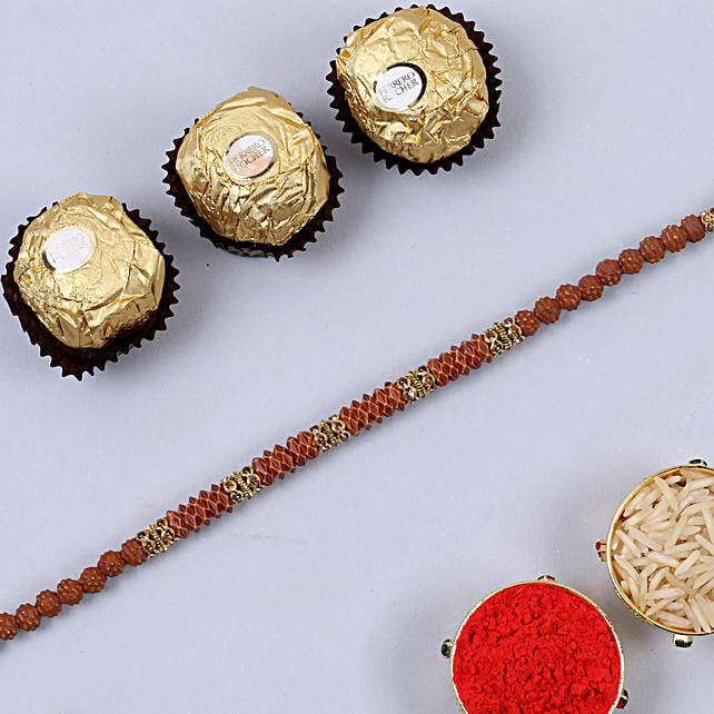 Red Rudraksh Rakhi And 3 Pcs Ferrero Rocher Usa Gift Red Rudraksh