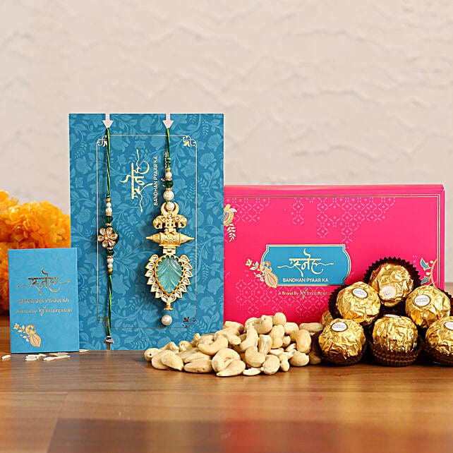 Ornamental Leaf Lumba Rakhi Set And Cashew With Ferrero Rocher Usa