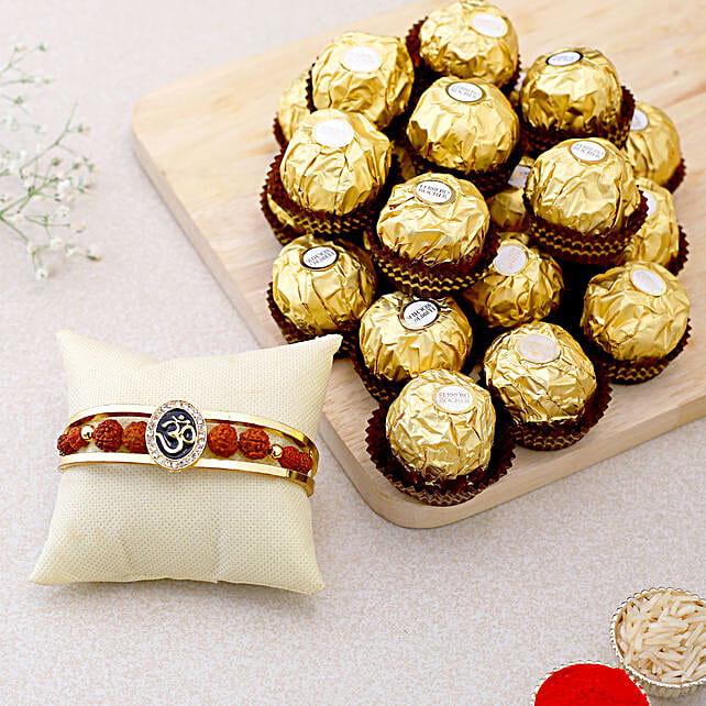 Om And Rudraksha Bracelet Rakhi With 12 Pcs Ferrero Rocher Usa Gift