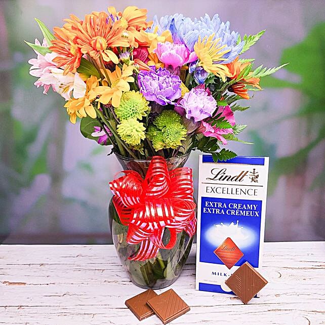 Lovely Mixed Flowers Bouquet And Lindt Chocolate Usa Gift Lovely