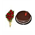 Scrumptious Chocolate Cake And Red Roses Bouquet
