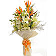 Bunch of 6 white asiatic lilies, 3 orange birds of paradise and seasonal filler