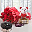 Complete Love Hamper - Bunch of 15 Red Roses with Soft toy, Ferrero Rocher, 5 Cadbury Chocolates and 500gm Chocolate Cake.
