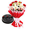 Enchanted Bloom - Bunch of 2 White Asiatic Lilies, 5 Red Carnations and 5 Pink Roses in a two layer paper packing and half kg chocolate truffle cake