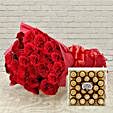 Yummy N Rosy - Bunch of 30 Red Roses & 300gm Ferrero Rocher chocolate box.