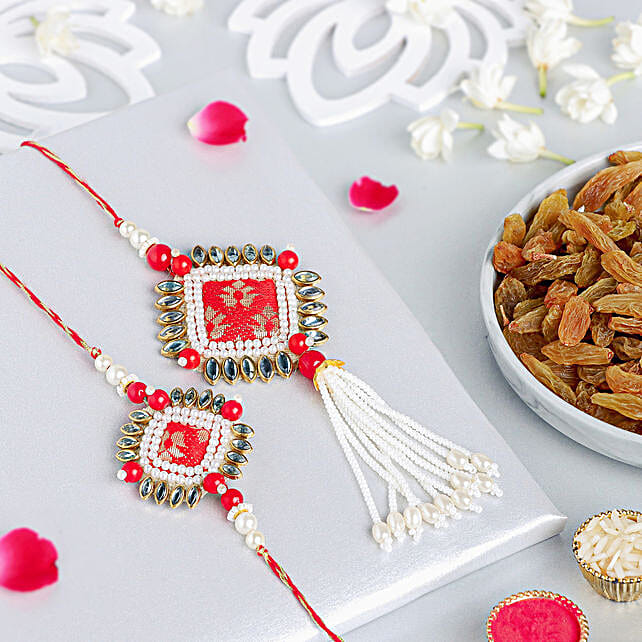 Handmade German Silver Pearl Bhaiya Bhabhi Rakhi Set 72