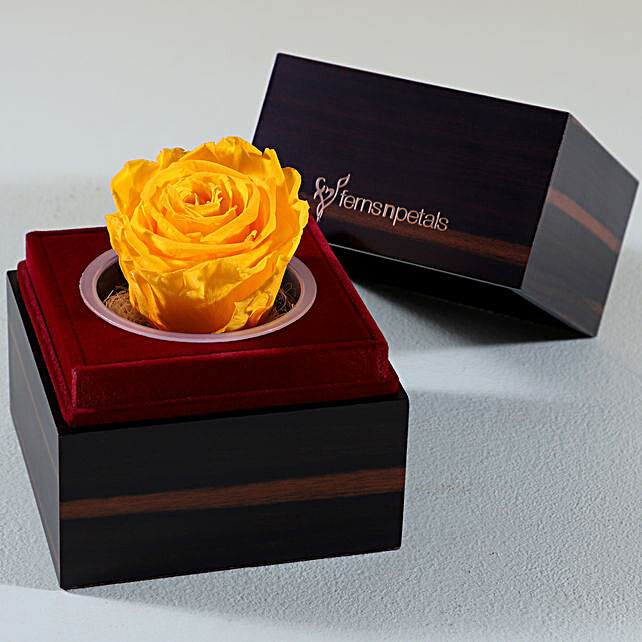 Yellow Eternal Rose In Wooden Box In China Gift Romantic Infinity Rose With Wooden Case Online Ferns N Petals