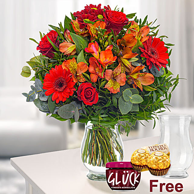 Beautiful Mixed Flowers Bouquet With Jam And Chocolates