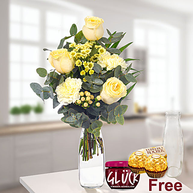 Elegant Mixed Flowers Bouquet With Jam And Chocolates