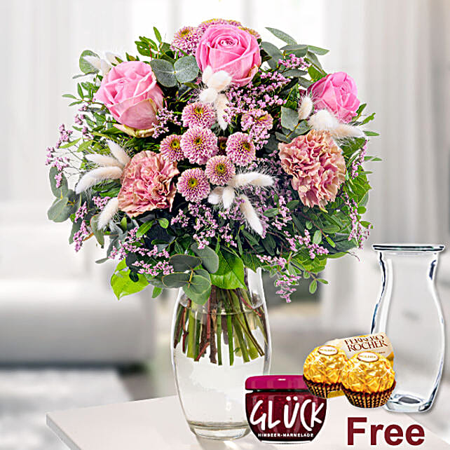 Gracious Mixed Flowers Bouquet With Jam And Chocolates germany Gift