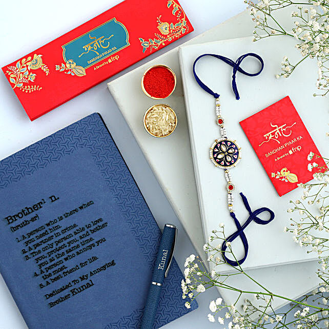 Sneh Meenakari Kundan Rakhi and Personalised Notebook hongkong Gift