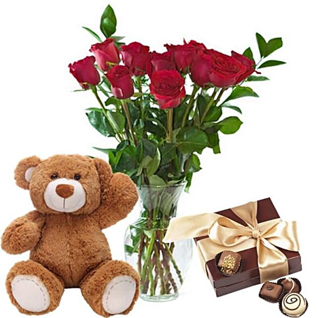 Red Roses Bunch With Teddy And Chocolates italy | Gift Red Roses Bunch ...