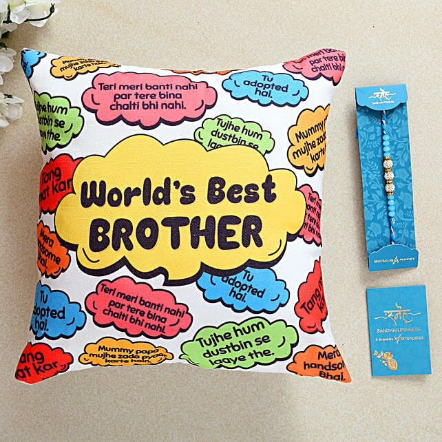 Sea Blue Pearl Rakhi And Worlds Best Brother Cushion kuwait Gift Sea Blue Pearl Rakhi And
