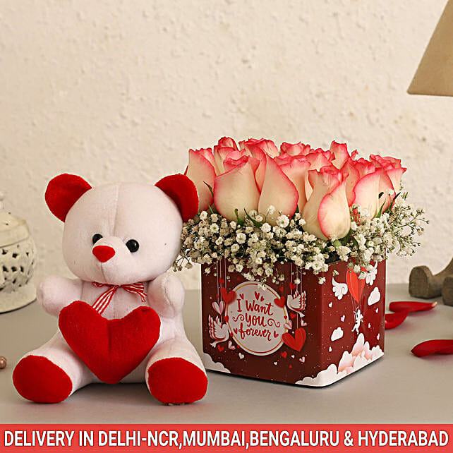 flowers chocolate and teddy bear
