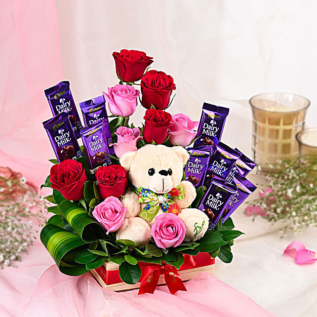 teddy bear and chocolate bouquet