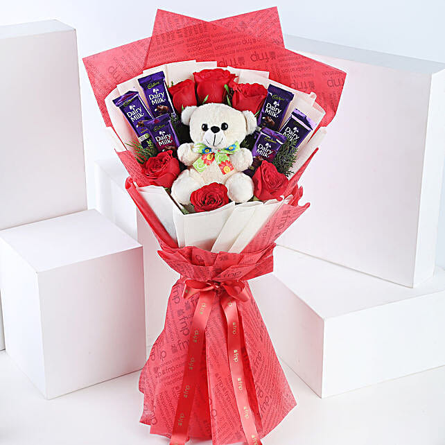 valentine's day flowers and teddy bears