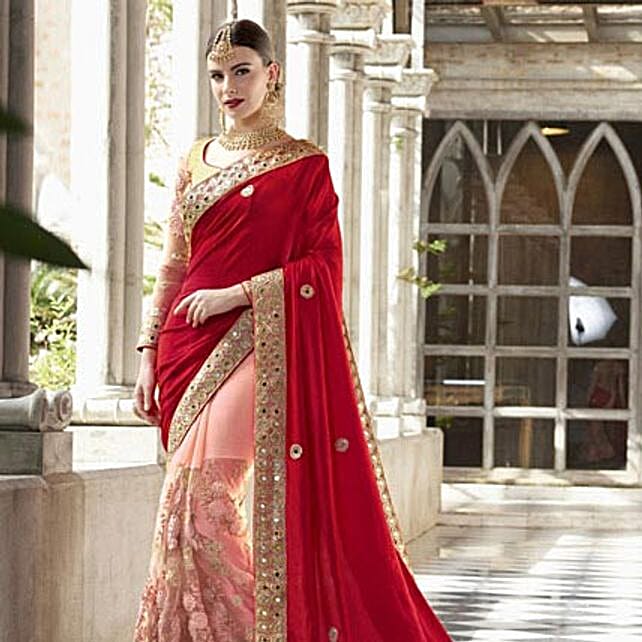 Buy/Send Contrasting Peach and Golden Saree Online- FNP