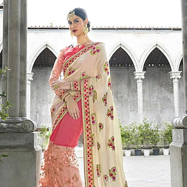 Pink, White & Black Stipe Cotton Saree with Floral Extra Weft