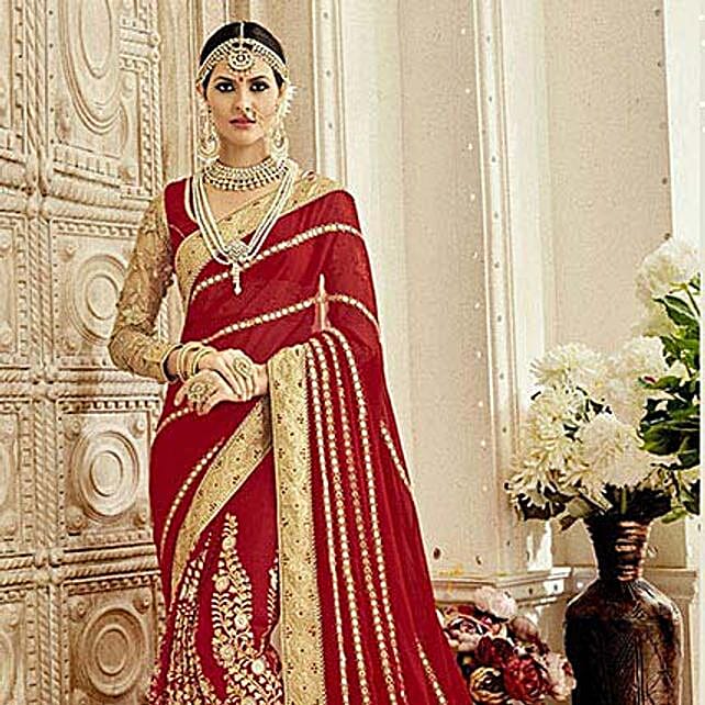 Buysend Red Colored Embroidered Faux Georgette Wedding Saree Online Fnp 3320